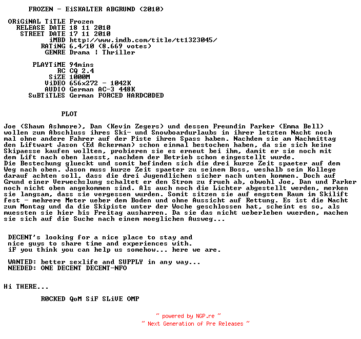 NFO for the release Frozen.Eiskalter.Abgrund.German.2010.AC3.BDRip.XviD-DECENT by DECENT