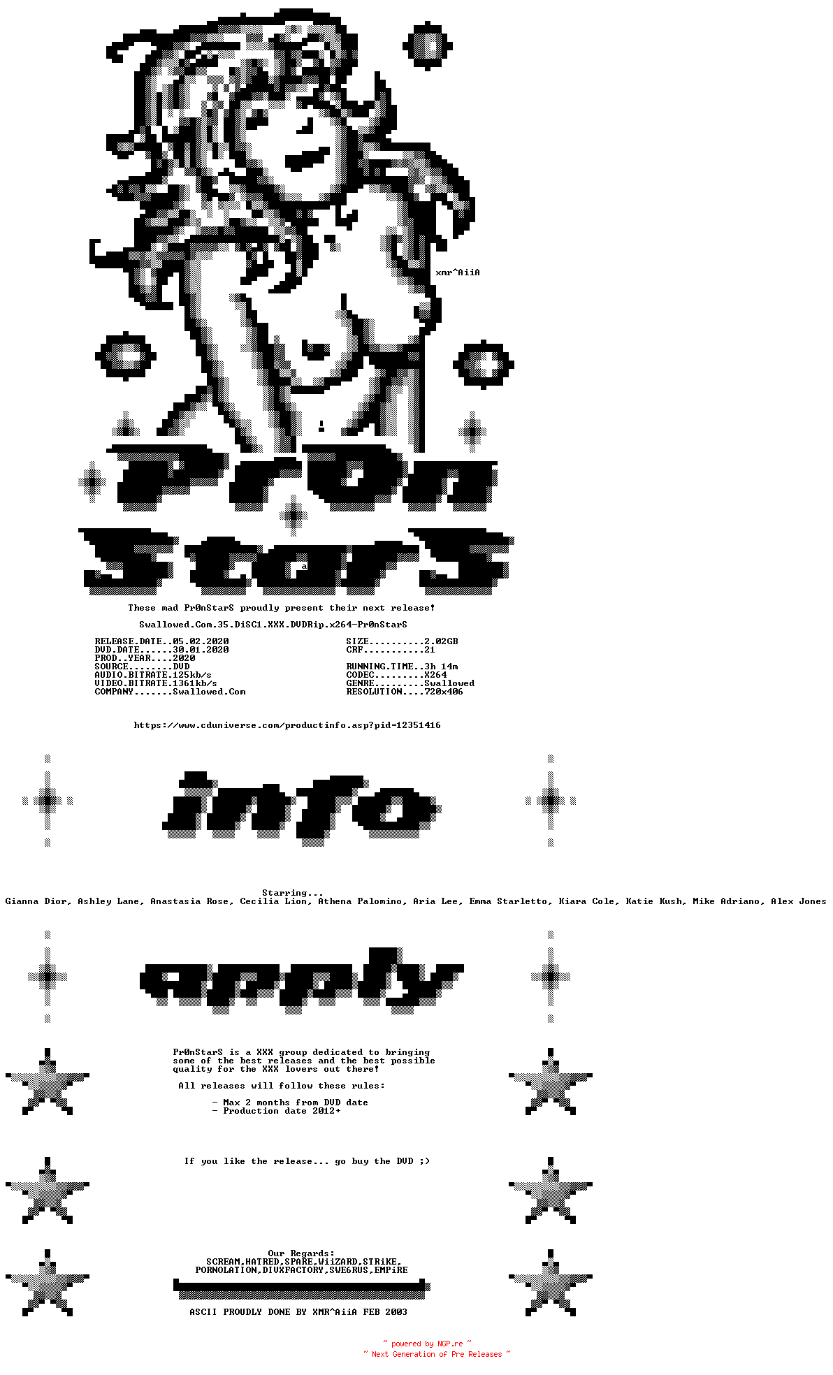 NFO for the release Swallowed.Com.35.DiSC1.XXX.DVDRip.x264-Pr0nStarS by Pr0nStarS