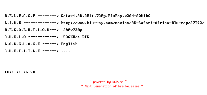 NFO for the release Safari.3D.2011.720p.BluRay.x264-SONiDO by SONiDO