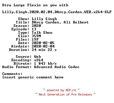 NFO for the release Lilly.Singh.2020.02.04.DArcy.Carden.WEB.x264-XLF by XLF