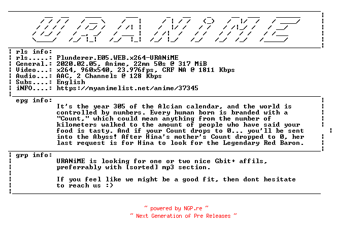 NFO for the release Plunderer.E05.WEB.x264-URANiME by URANiME