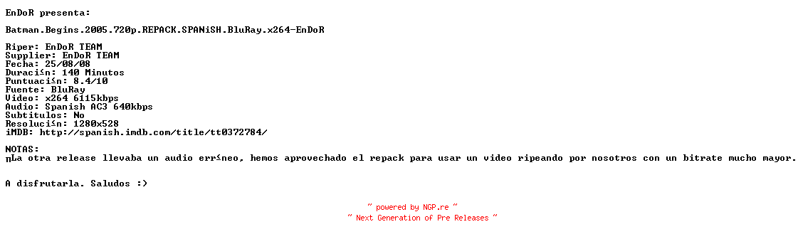NFO for the release Batman.Begins.2005.720p.REPACK.SPANiSH.BluRay.x264-EnDoR by EnDoR