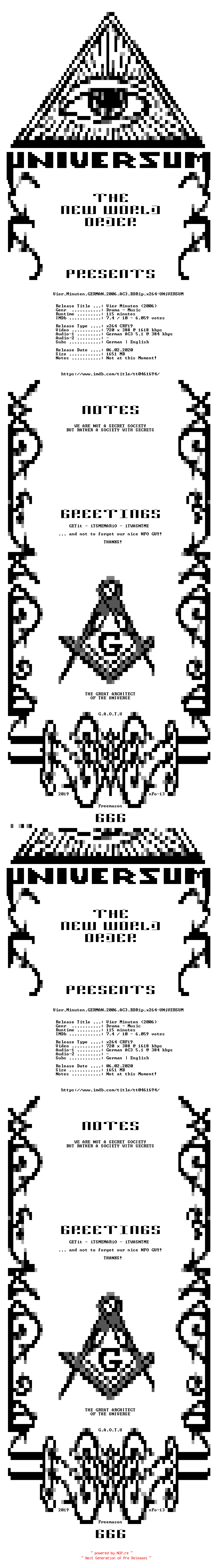 NFO for the release Vier.Minuten.GERMAN.2006.AC3.BDRip.x264-UNiVERSUM by UNiVERSUM