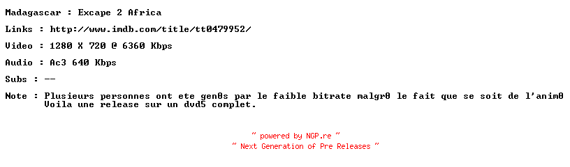 NFO for the release Madagascar.Escape.2.Africa.FRENCH.DVD5.720p.Bluray.x264-ForceBleue by ForceBleue