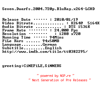 NFO for the release Seven.Dwarfs.2004.720p.BluRay.x264-LCHD by LCHD