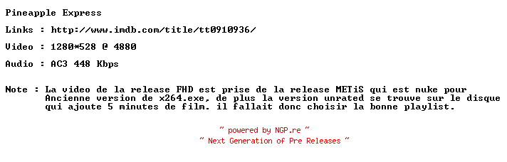 NFO for the release Pineapple.Express.UNRATED.PROPER.FRENCH.720p.BluRay.x264-ForceBleue by ForceBleue