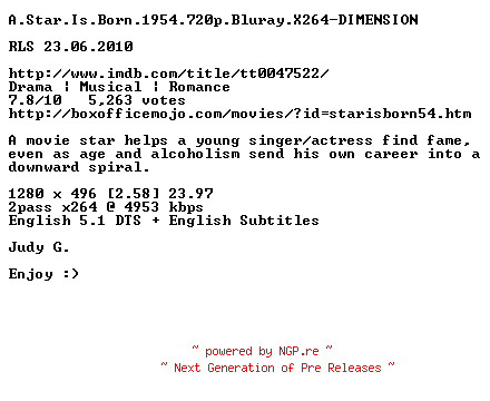 NFO for the release A.Star.Is.Born.1954.720p.Bluray.X264-DIMENSION by DIMENSION