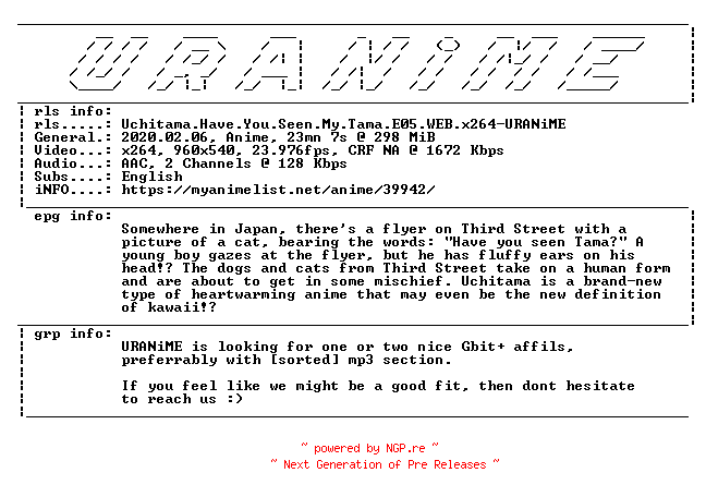 NFO for the release Uchitama.Have.You.Seen.My.Tama.E05.WEB.x264-URANiME by URANiME