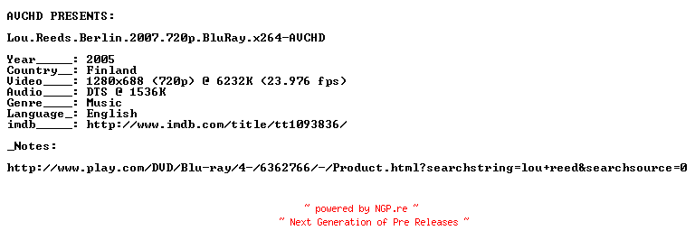 NFO for the release Lou.Reeds.Berlin.2007.720p.BluRay.x264-AVCHD by AVCHD