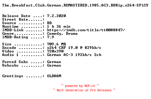 NFO for the release The.Breakfast.Club.German.REMASTERED.1985.AC3.BDRip.x264-SPiCY by SPiCY