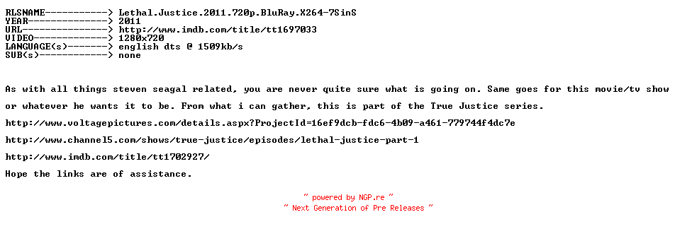 NFO for the release Lethal.Justice.2011.720p.BluRay.X264-7SinS by 7SinS