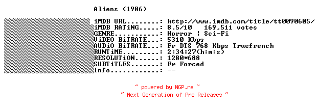 NFO for the release Aliens.1986.Special.Edition.FRENCH.720p.BluRay.x264-THENiGHTMAREiNHD by THENiGHTMAREiNHD