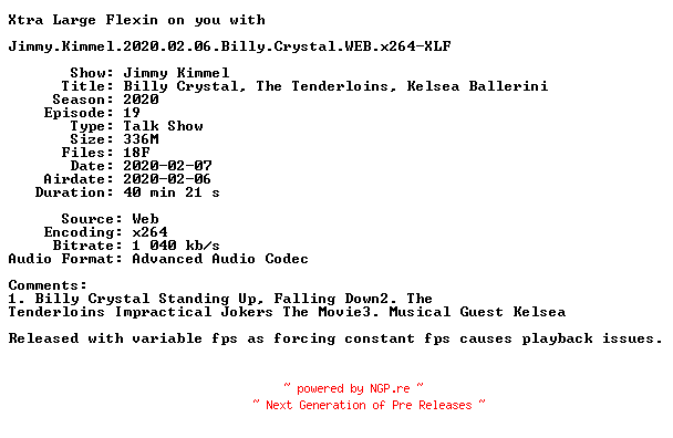 NFO for the release Jimmy.Kimmel.2020.02.06.Billy.Crystal.WEB.x264-XLF by XLF