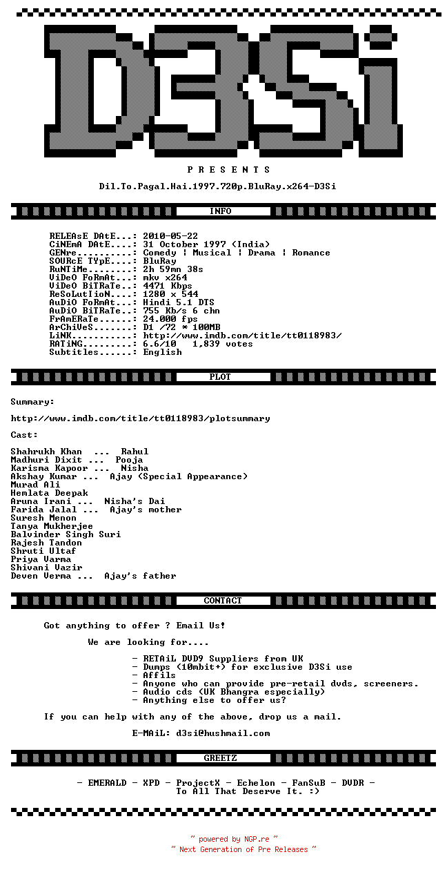 NFO for the release Dil.To.Pagal.Hai.1997.720p.BluRay.x264-D3Si by D3Si