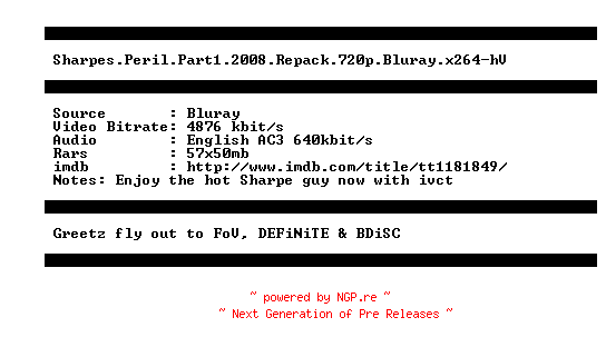 NFO for the release Sharpes.Peril.Part1.2008.Repack.720p.Bluray.x264-hV by hV