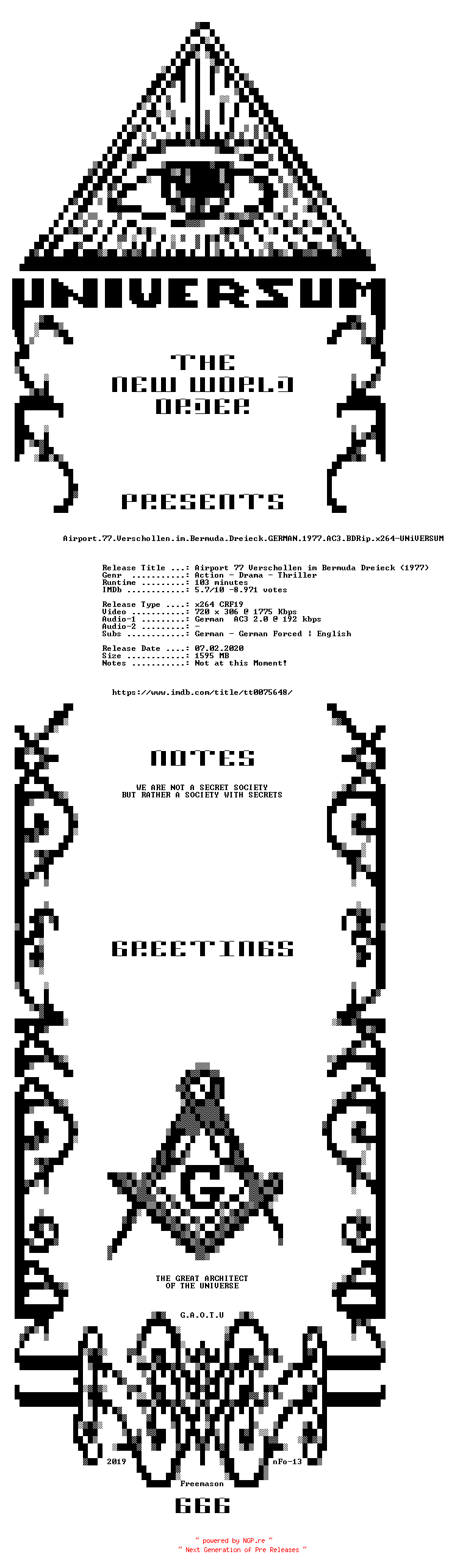 NFO for the release Airport.77.Verschollen.im.Bermuda.Dreieck.GERMAN.1977.AC3.BDRip.x264-UNiVERSUM by UNiVERSUM