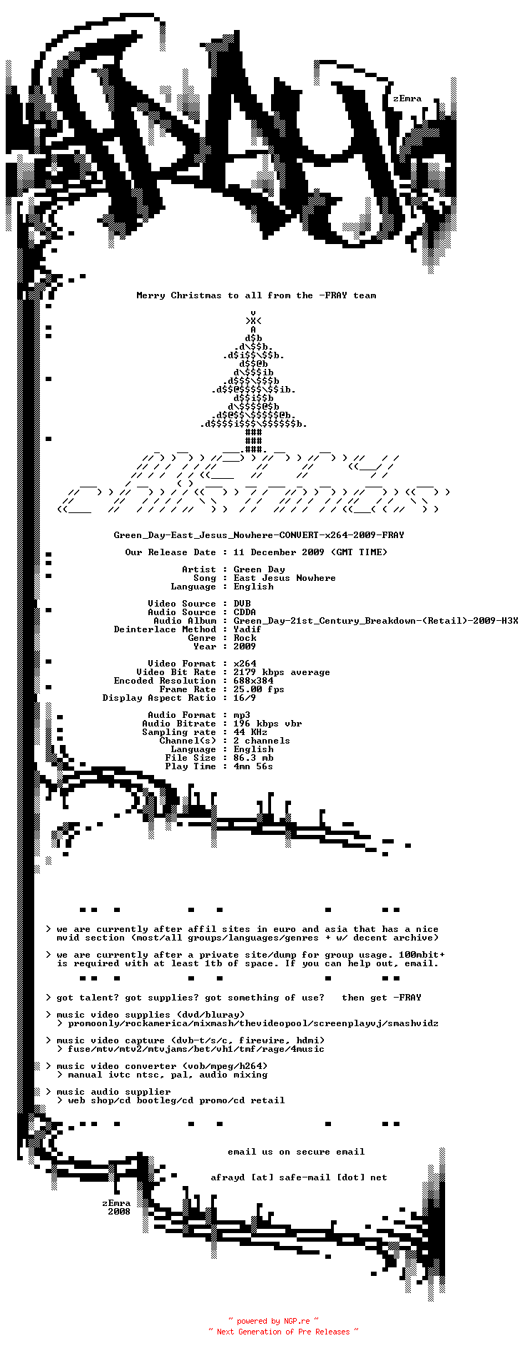 NFO for the release Green_Day-East_Jesus_Nowhere-CONVERT-x264-2009-FRAY by FRAY