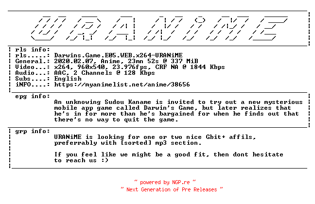 NFO for the release Darwins.Game.E05.WEB.x264-URANiME by URANiME