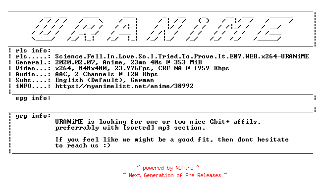 NFO for the release Science.Fell.In.Love.So.I.Tried.To.Prove.It.E07.WEB.x264-URANiME by URANiME