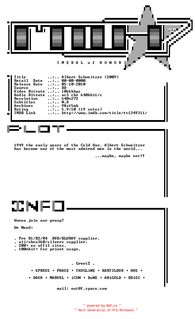 NFO for the release Albert.Schweitzer.2009.BDRip.XviD-MoH by MoH
