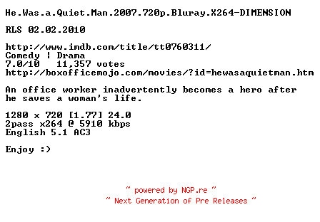 NFO for the release He.Was.a.Quiet.Man.2007.720p.Bluray.X264-DIMENSION by DIMENSION