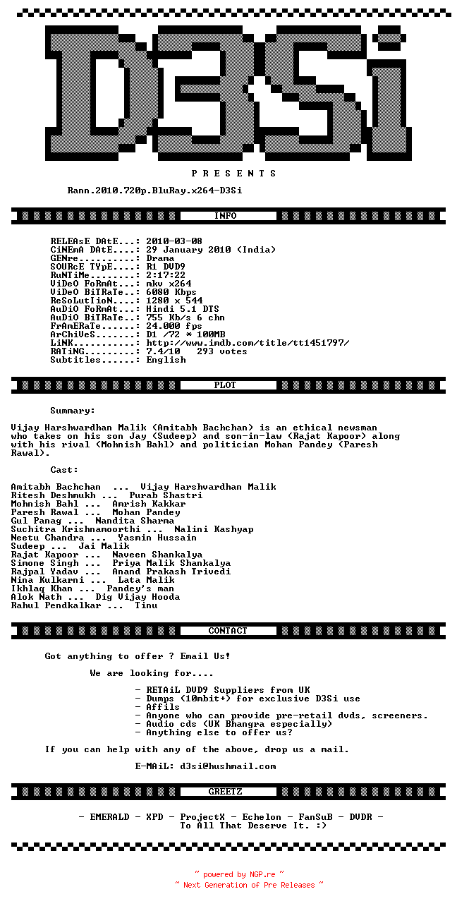 NFO for the release Rann.2010.720p.BluRay.x264-D3Si by D3Si