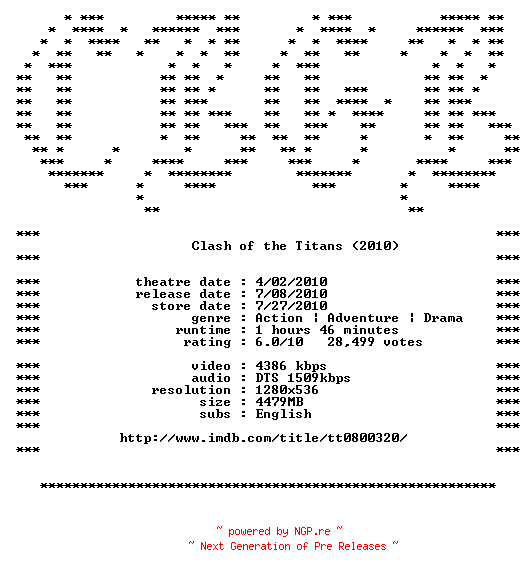 NFO for the release Clash.of.the.Titans.720p.Bluray.x264-CBGB by CBGB