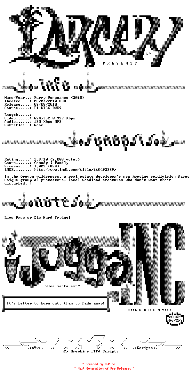 NFO for the release Furry.Vengeance.2010.BDRip.XviD-Larceny by Larceny