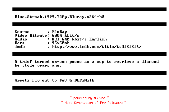 NFO for the release Blue.Streak.1999.720p.Bluray.x264-hV by hV