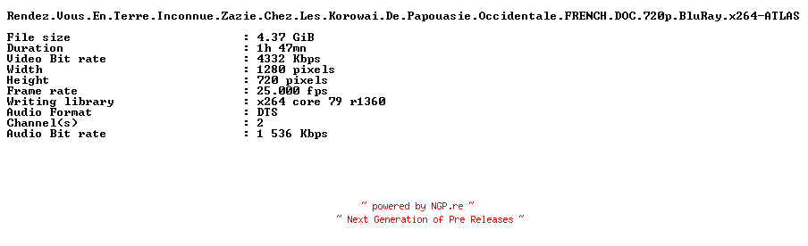 NFO for the release Rendez.Vous.En.Terre.Inconnue.Zazie.Chez.Les.Korowai.De.Papouasie.Occidentale.FRENCH.DOC.720p.BluRay.x264-ATLAS by ATLAS
