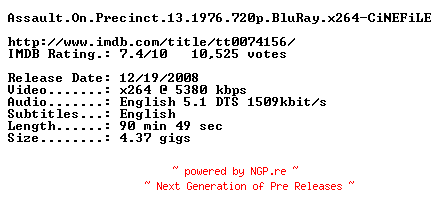 NFO for the release Assault.On.Precinct.13.1976.720p.BluRay.x264-CiNEFiLE by CiNEFiLE