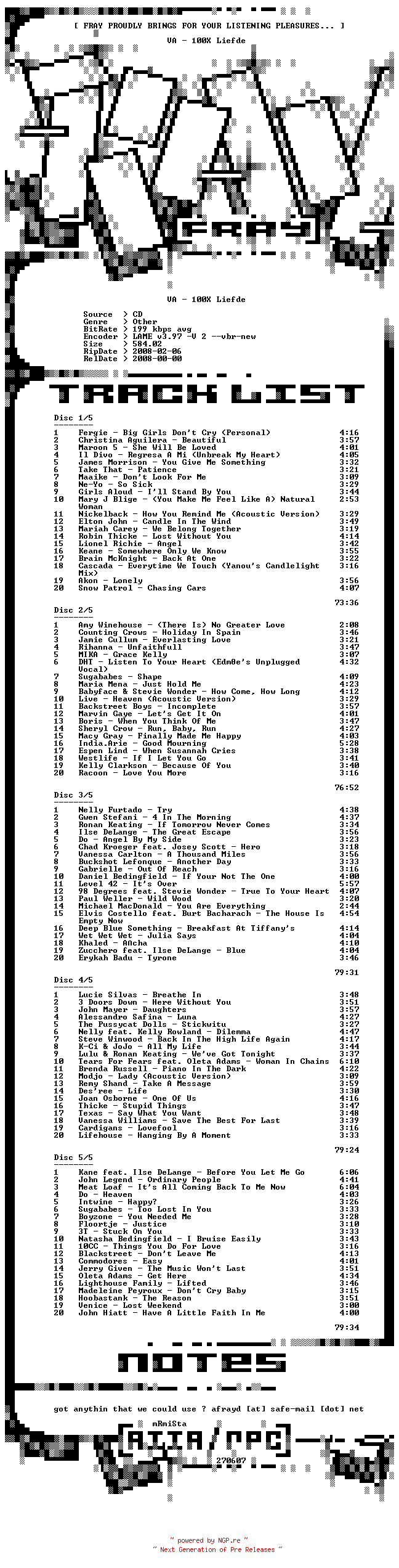 NFO for the release VA-100X_Liefde-5CD-2008-FRAY by FRAY