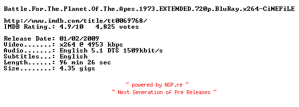 NFO for the release Battle.For.The.Planet.Of.The.Apes.1973.EXTENDED.720p.BluRay.x264-CiNEFiLE by CiNEFiLE