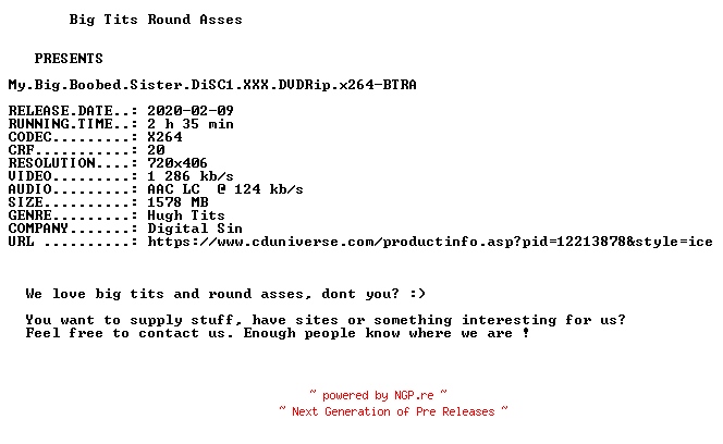 NFO for the release My.Big.Boobed.Sister.DiSC1.XXX.DVDRip.x264-BTRA by BTRA