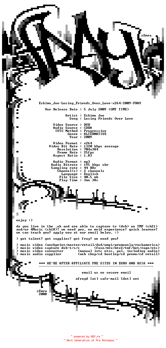 NFO for the release Eskimo_Joe-Losing_Friends_Over_Love-x264-2009-FRAY by FRAY