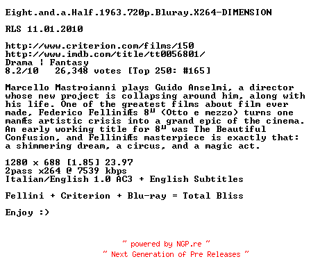 NFO for the release Eight.and.a.Half.1963.720p.Bluray.X264-DIMENSION by DIMENSION