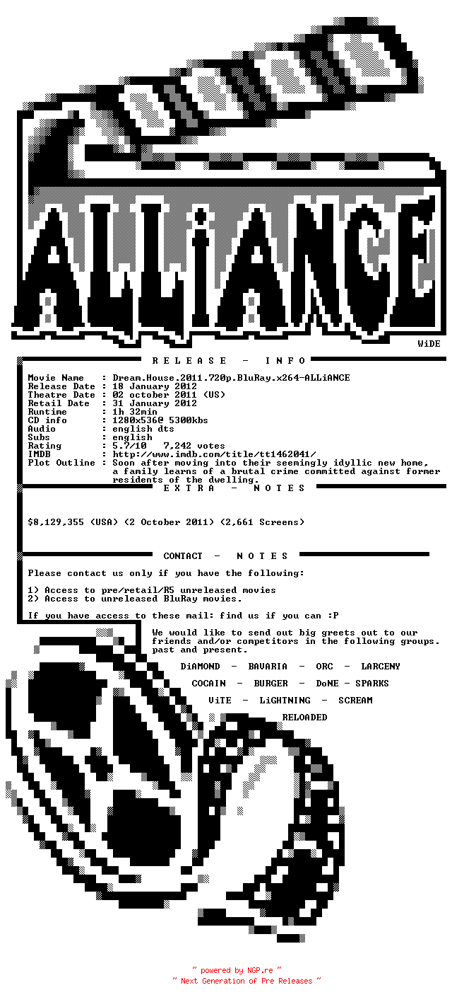 NFO for the release Dream.House.2011.720p.BluRay.x264-ALLiANCE by ALLiANCE