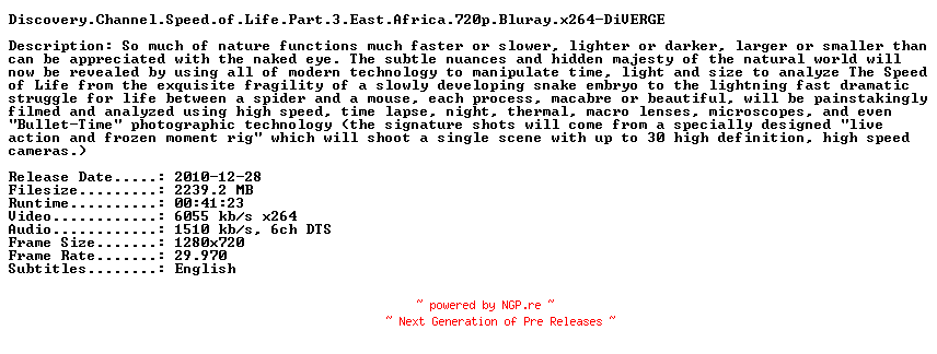 NFO for the release Discovery.Channel.Speed.of.Life.Part.3.East.Africa.720p.Bluray.x264-DiVERGE by DiVERGE