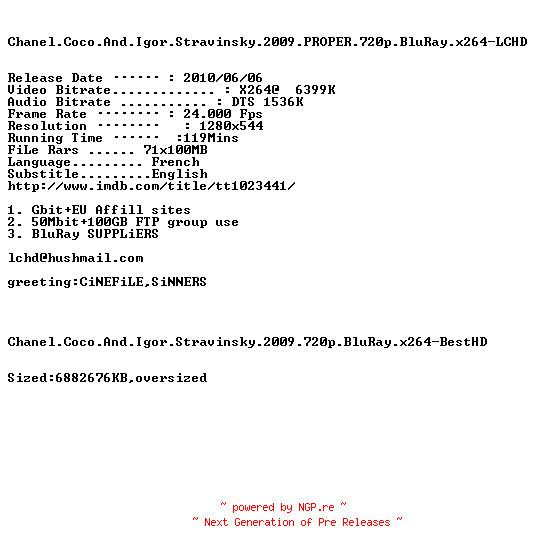 NFO for the release Chanel.Coco.And.Igor.Stravinsky.2009.PROPER.720p.BluRay.x264-LCHD by LCHD