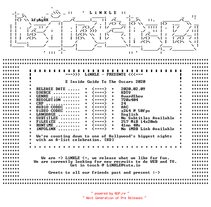 NFO for the release E.Inside.Guide.To.The.Oscars.2020.HDTV.x264-LiNKLE by LiNKLE