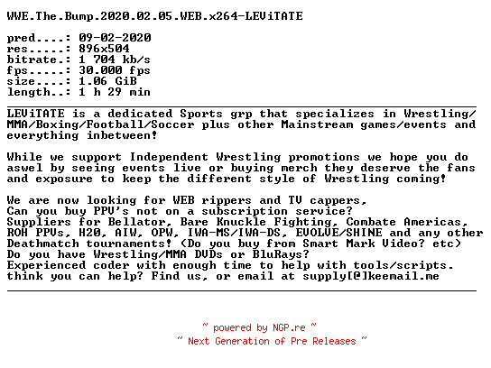 NFO for the release WWE.The.Bump.2020.02.05.WEB.x264-LEViTATE by LEViTATE
