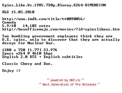 NFO for the release Spies.Like.Us.1985.720p.Bluray.X264-DIMENSION by DIMENSION
