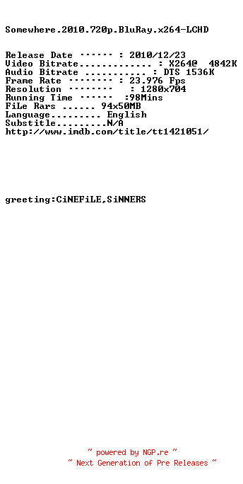 NFO for the release Somewhere.2010.720p.BluRay.x264-LCHD by LCHD