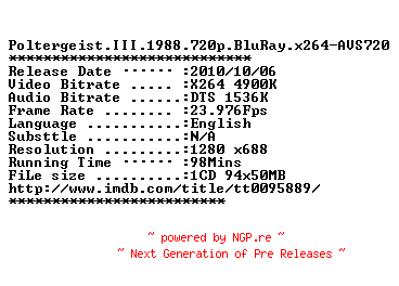 NFO for the release Poltergeist.III.1988.720p.BluRay.x264-AVS720 by AVS720