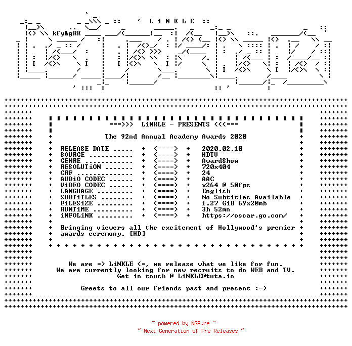 NFO for the release The.92nd.Annual.Academy.Awards.2020.HDTV.x264-LiNKLE by LiNKLE