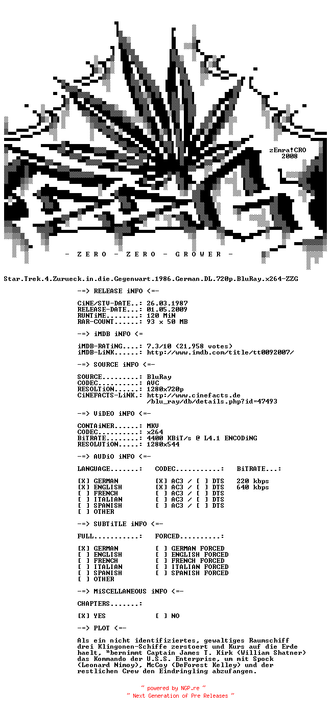 NFO for the release Star.Trek.4.Zurueck.in.die.Gegenwart.1986.German.DL.720p.BluRay.x264-ZZG by ZZG