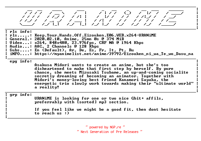 NFO for the release Keep.Your.Hands.Off.Eizouken.E06.WEB.x264-URANiME by URANiME