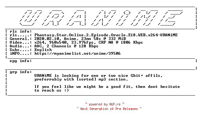 NFO for the release Phantasy.Star.Online.2.Episode.Oracle.E18.WEB.x264-URANiME by URANiME