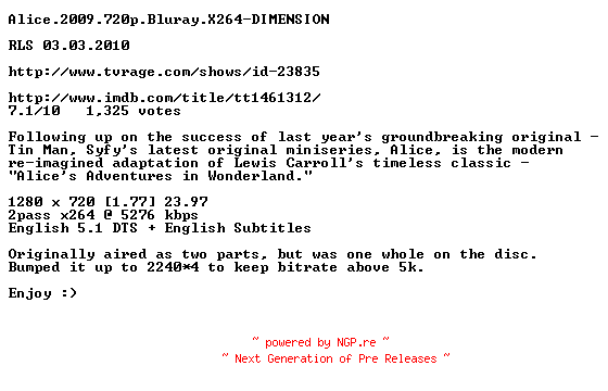 NFO for the release Alice.2009.720p.Bluray.X264-DIMENSION by DIMENSION