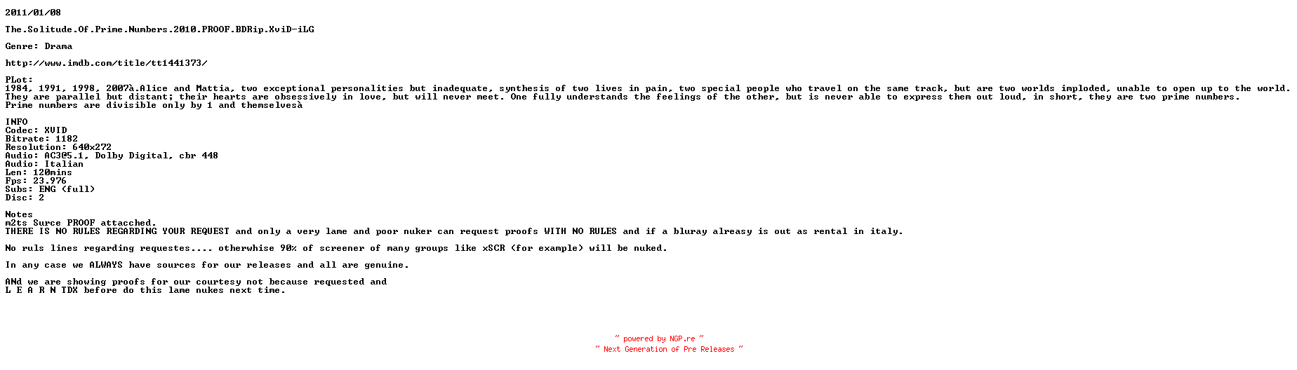 NFO for the release The.Solitude.Of.Prime.Numbers.2010.PROOF.BDRip.XviD-iLG by iLG